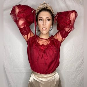 Long sleeve red blouse with lace and mesh details!